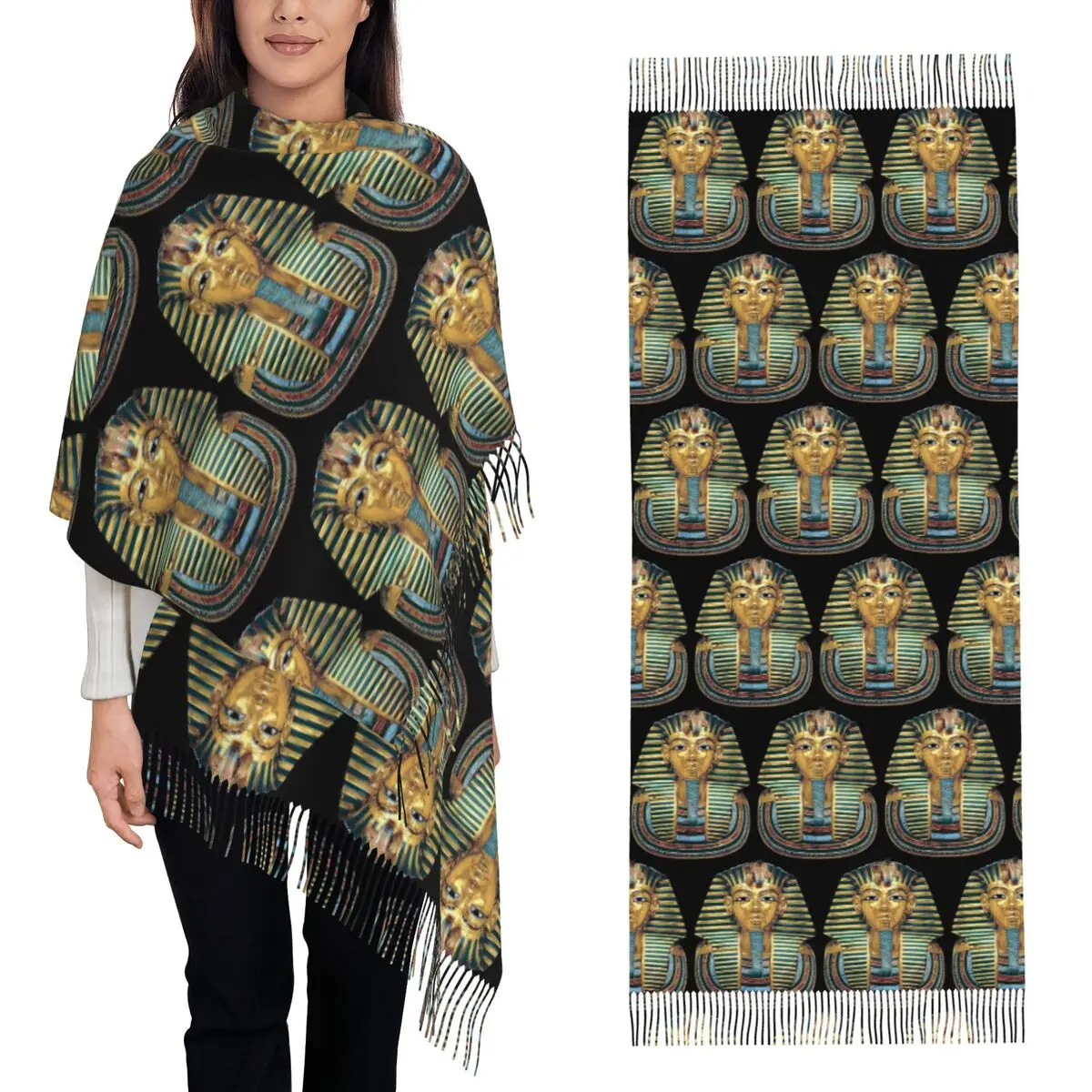 

Древний золотой фараон, египетский король, тунец, египетский иероглиф, шарф с кисточками, шарфы для женщин, шали и накидки, длинная шаль