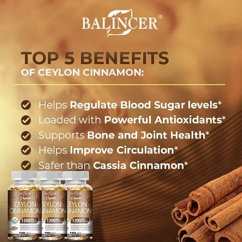 Organic Ceylon Cinnamon Supplement - Antioxidant, Immune System, Cardiovascular and Gastrointestinal Health, Non-GMO Gluten-Free