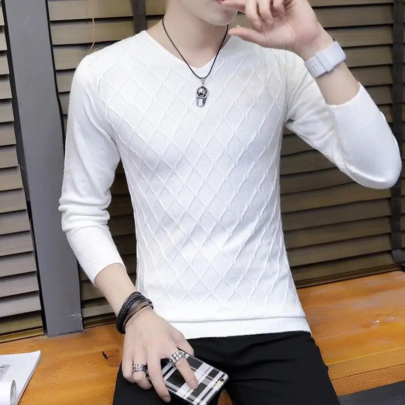 

2024 High Quality Long Sleeved V-neck Velvet Waffle T-shirt for Men's Simple Pure Cotton Washed Comfortable Top Bottom Z58