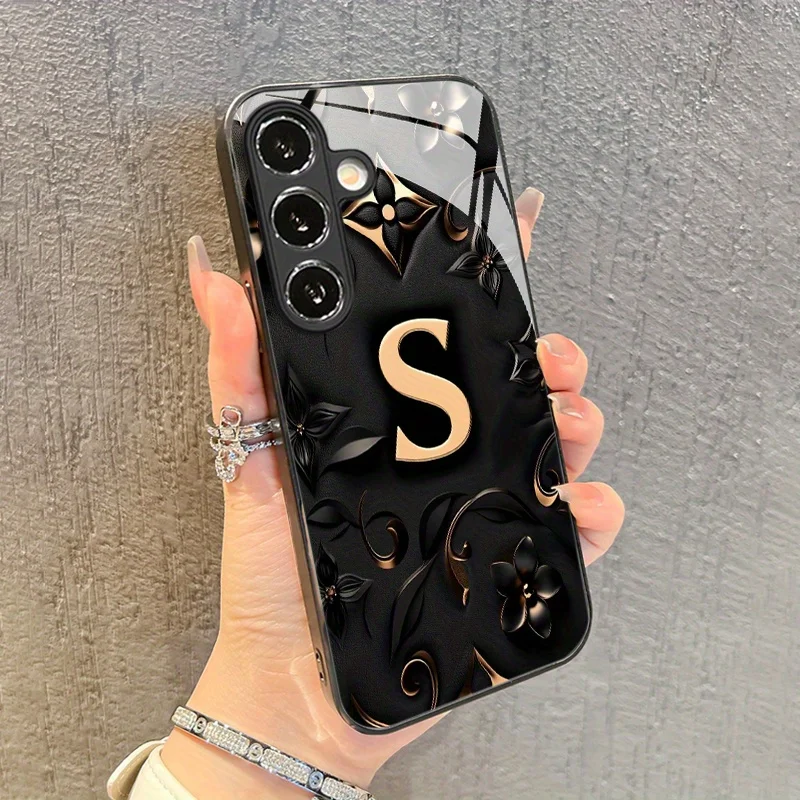 Black gold embossed letter S pattern glass phone case suitable for Samsung Galaxy S26 S25 S24 S22 S21 S20FE/Ultra/Plus anti drop