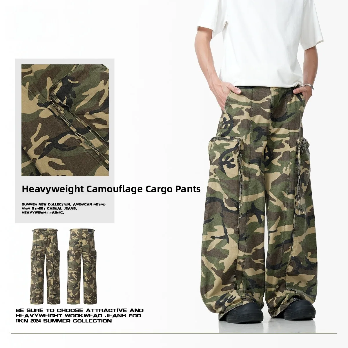 

American Style Men's Jeans Autumn New Camouflage Straight Leg Workwear Patchwork Long Pants Fashion Urban Cotton Casual Pants