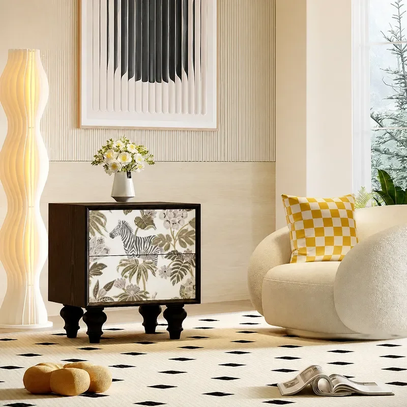 Cream Zebra Bedside Table Solid Wood Corner Storage Cabinet for Bedroom Living Room Free Installation Integrated Nightstand