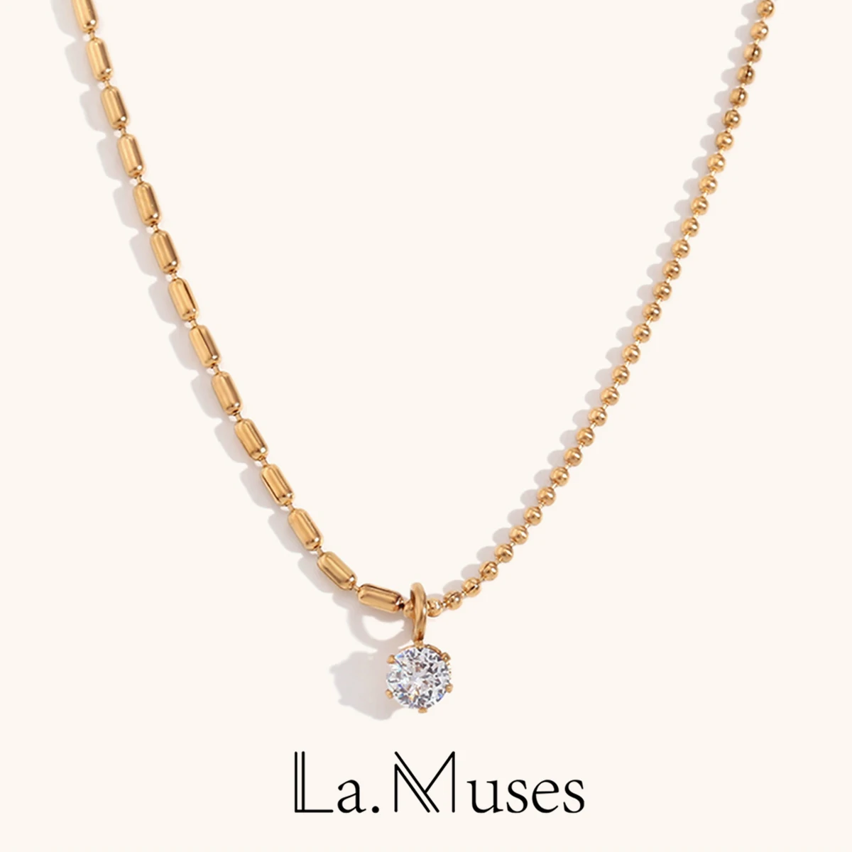 La. Muses Asymmetric Rice Bead Round Bead Chain Cubic Zirconia Pendant Stainless steel Women's Necklace High-end Jewelry Gift