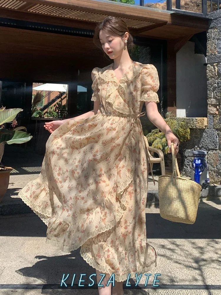 Fashion Summer Midi Dresses 2024 Vintage Floral Elegant Party Sexy Beach Dress Women's Temperament Lotus Leaf Lace edge vestidos