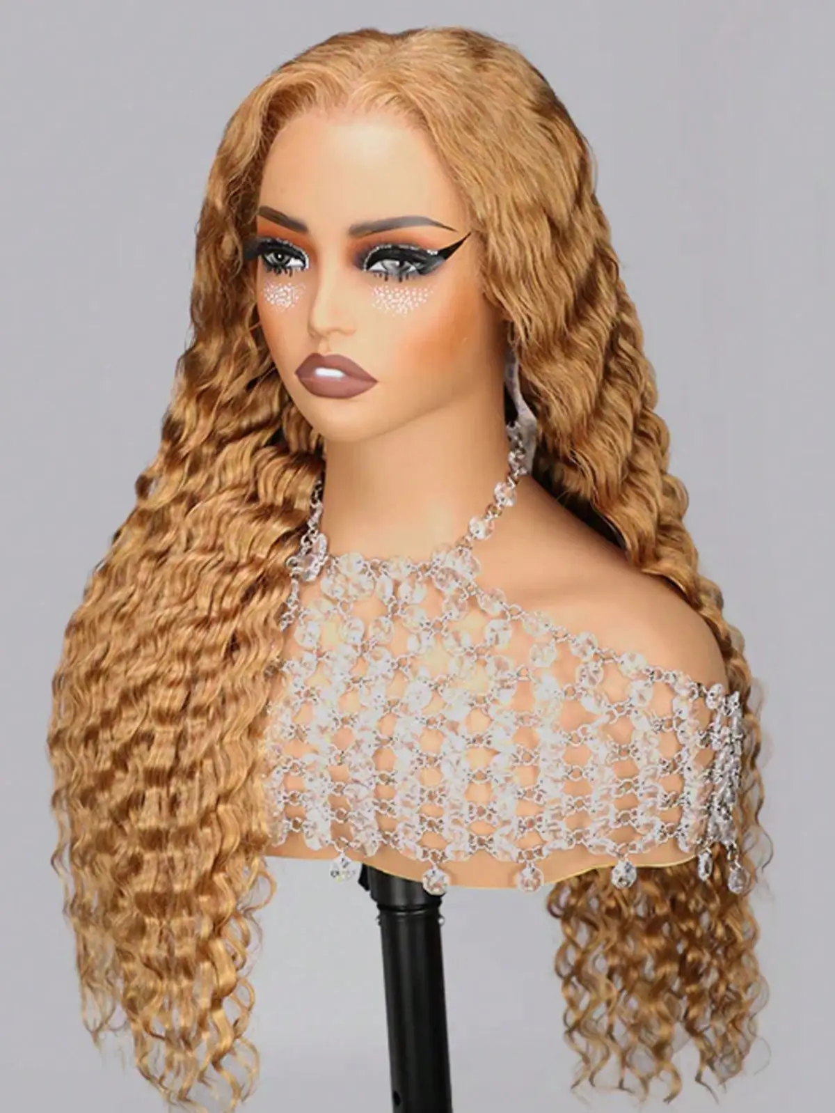 

Honey Blonde Deep Wave Wigs Human Hair 13x6 HD Transparent Lace Frontal Wig 250 Density 27 Colored Curly Wigs For Women 34 Inch