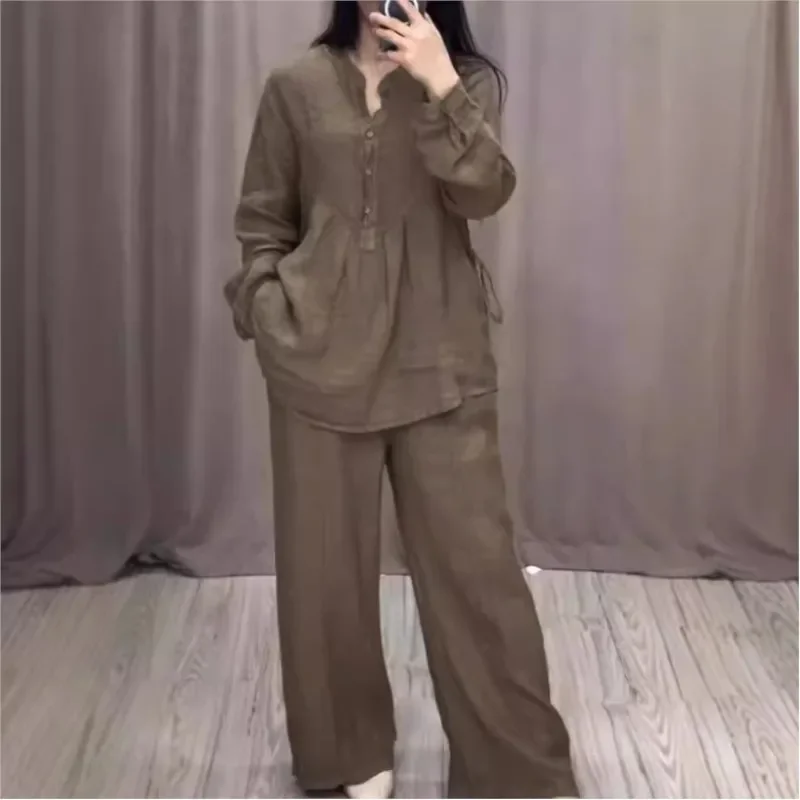 Women\'s Spring Fall 2 Piece Set Fashion Office Lady Cotton Linen Long-sleeve Casual Pleated Wide-leg Pants Suit Women Clothing