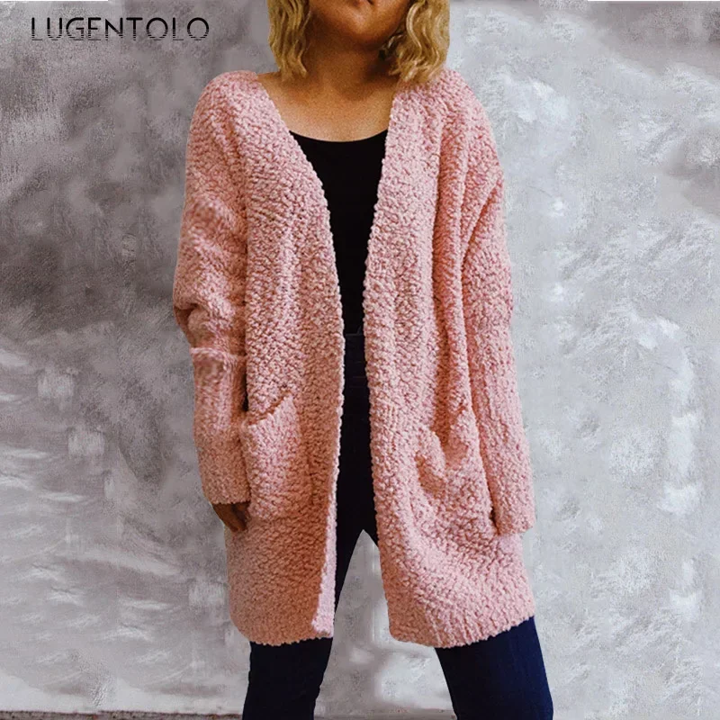 

Women Simple Knitted Sweater Granular Velvet New Autumn Female Pocket Casual Elegant Street Fashion Long Clothing