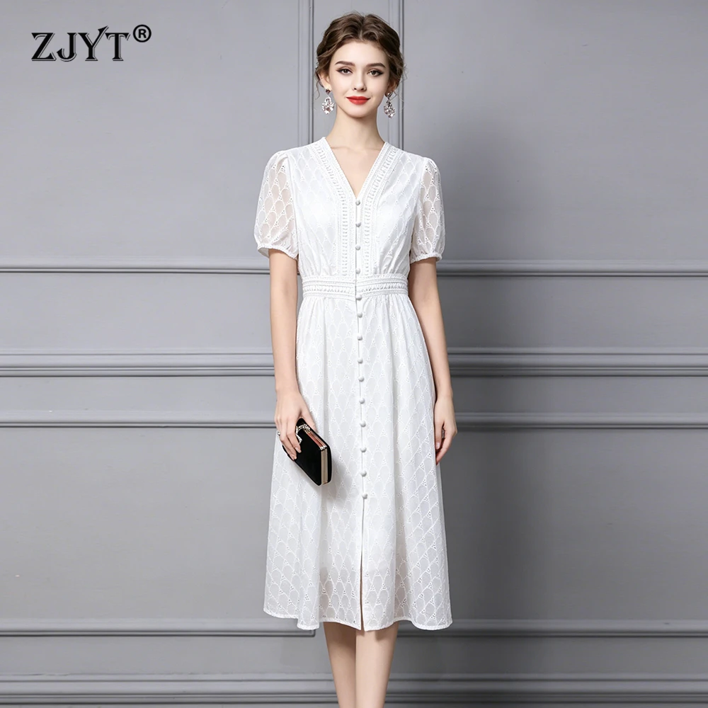 

Летнее платье ZJYT из 100% хлопка с вышивкой, белое, женское, модное, с V-образным вырезом, пышными рукавами, миди, для отпуска, повседневное, женская одежда