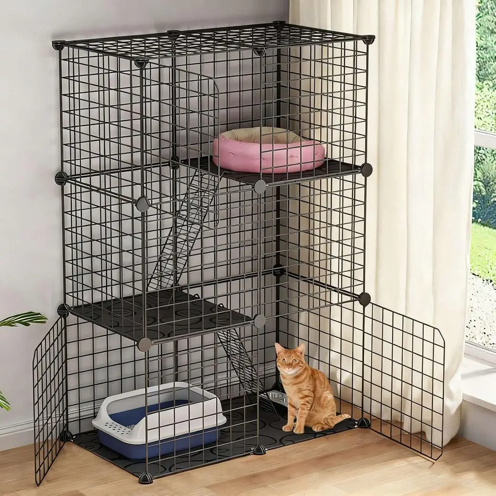 

Трехуровневый комнатный вольер для кошек со съемными проволочными клетками и лестницами, подходит для 1-2 кошек, 28.2Д x 14.0Ш x 42.1В, черный