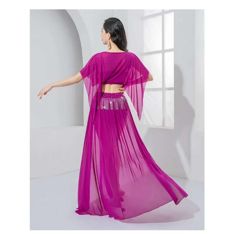 Costumi di danza del ventre personalizzati Colletto profondo con piega a V Top Gonna con nappe forate a caldo Abito da spettacolo per pratica di danza orientale in rete