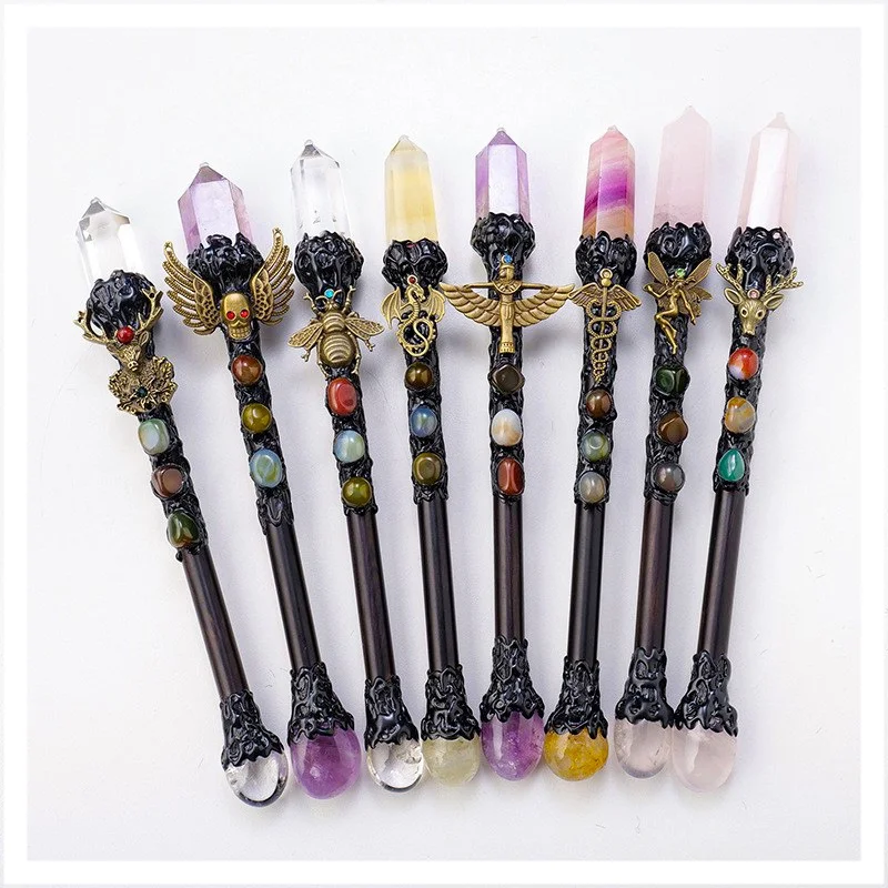 Indian Style Novelty Crystal Hexagonal Prism Magic Staff Desktop Figurines Home Decoration Crystal Crafts Halloween Props Gift