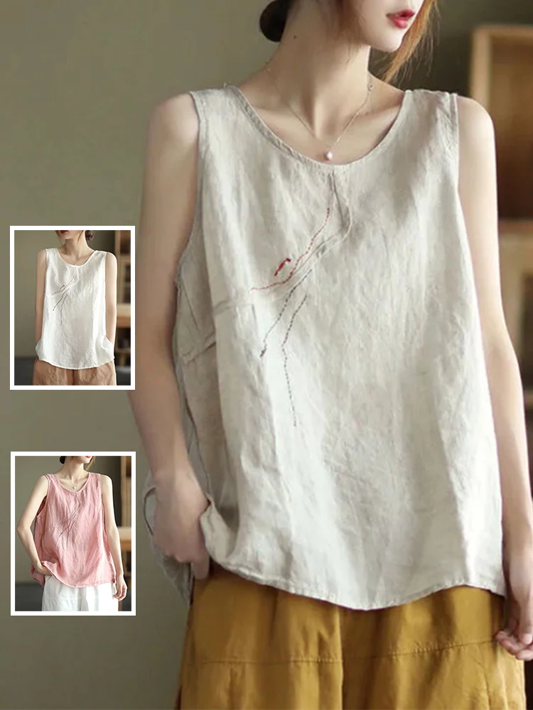 

Повседневный хлопково-льняной маленький жилет с круглым вышивкой Tead, женский летний топ больших размеров, одинаковые футболки, нижнее белье