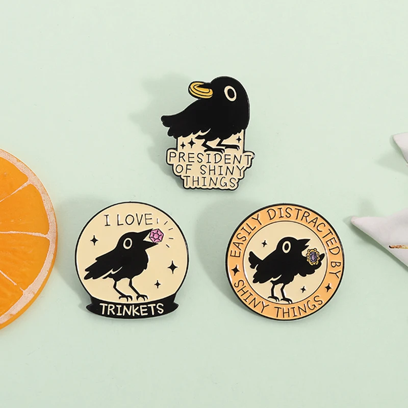 Easily Distracted By Shiny Things Enamel Pins Cartoon Crow Holding Diamond Brooch Lapel Backpack Badge Jewelry Gifts for Friends
