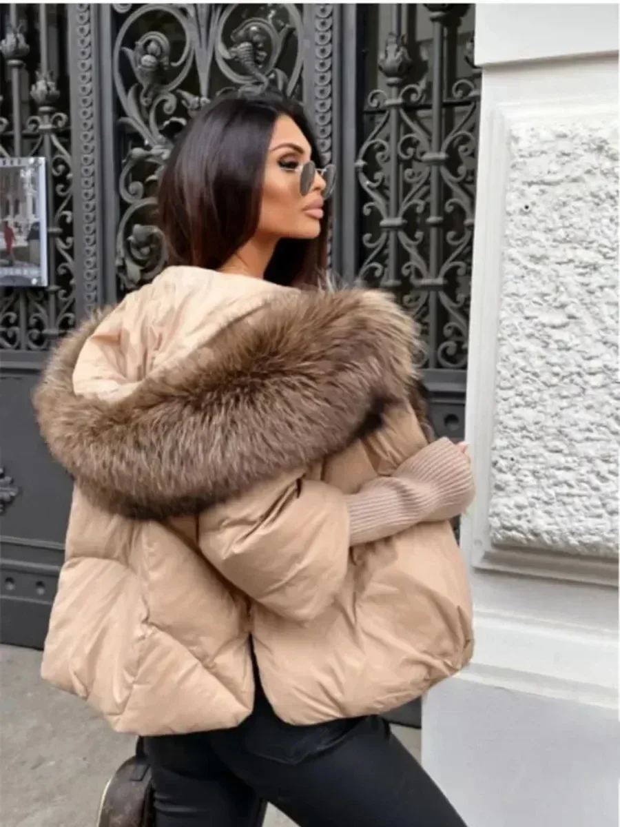 2024 Winter Jacket Women Real Fox Fur Collar Hooded Natural Thick Warm Loose Oversize Duck Down Coat Streetwear Outerwear