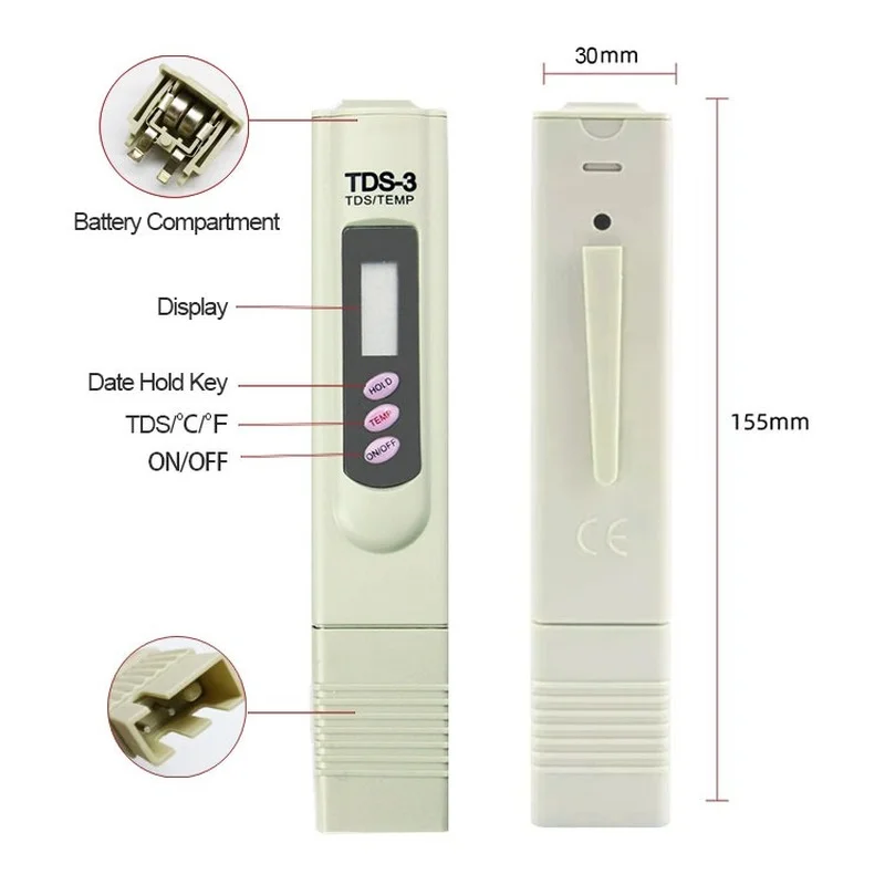 Temperatura Água Dureza Tester, Pen Type, Digital TDS Meter, Hold, TDS-3 PPM