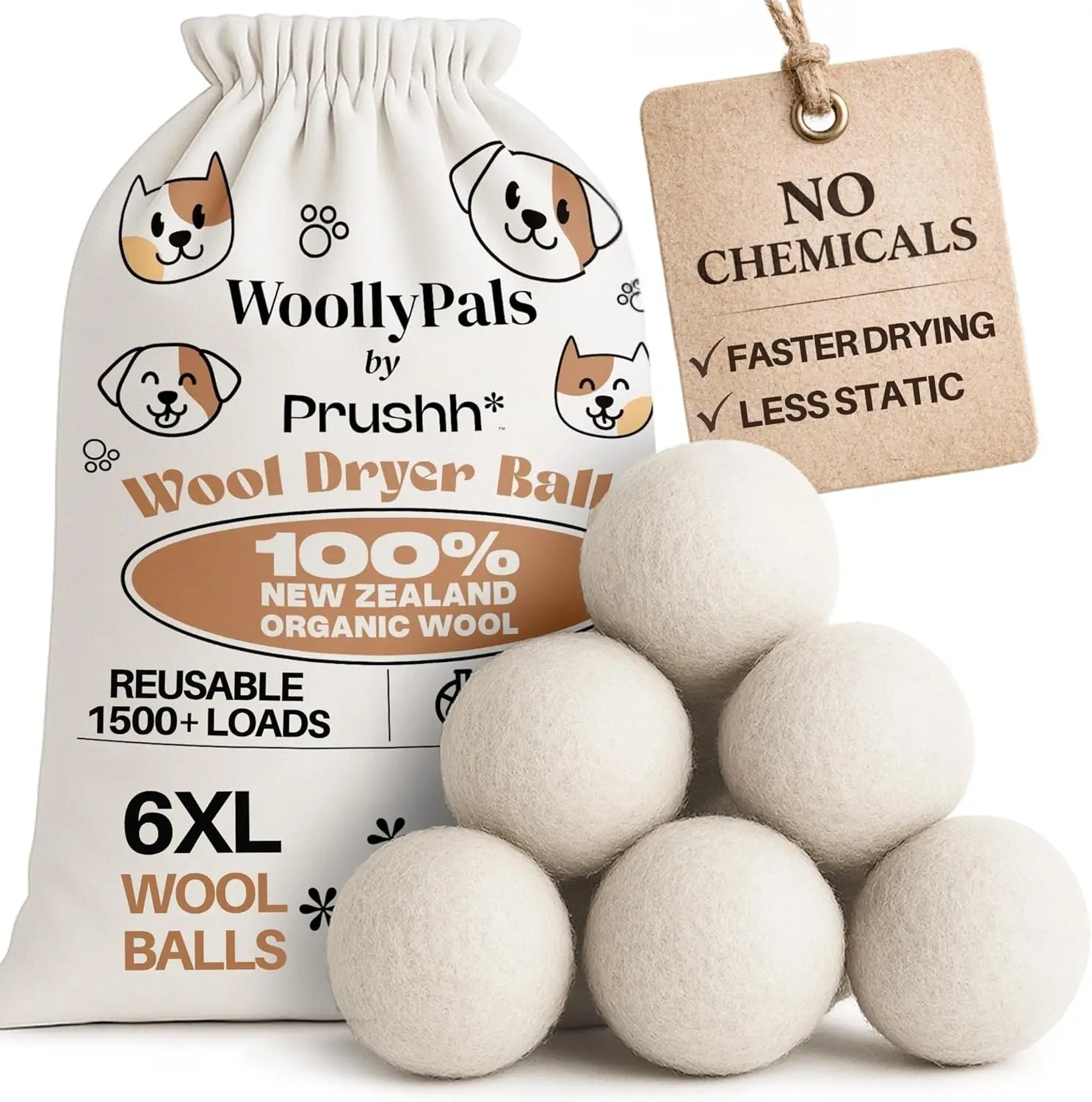 

Dryer Balls (6-Pack, XL) - 100% New Zealand Wool - Reusable for 1000 Loads - Softens Laundry, Reduces Drying Time & Static