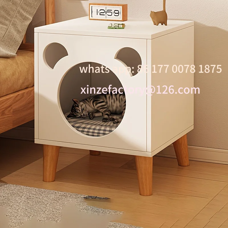 Customizable Cat Bed Side Table with Bear Cutout Design, Elevated Wooden Cat House with Cushion, Multi-Functional Nightstand