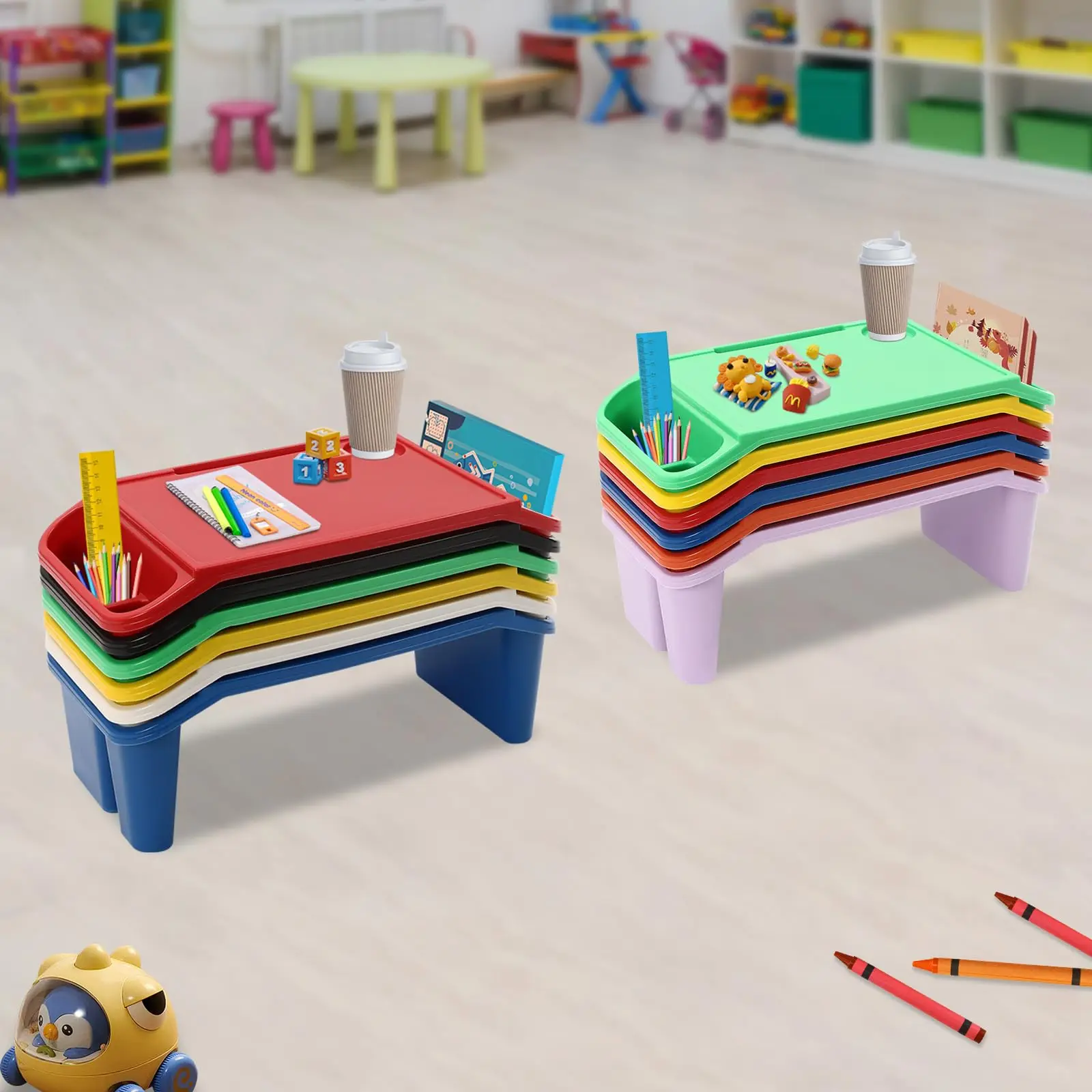6 Pcs Kids Lap Desk with Side Pocket, Multipurpose Activity Dining Table, Portable Lap Desk for Work, Study, Gaming, Arts, Crafts
