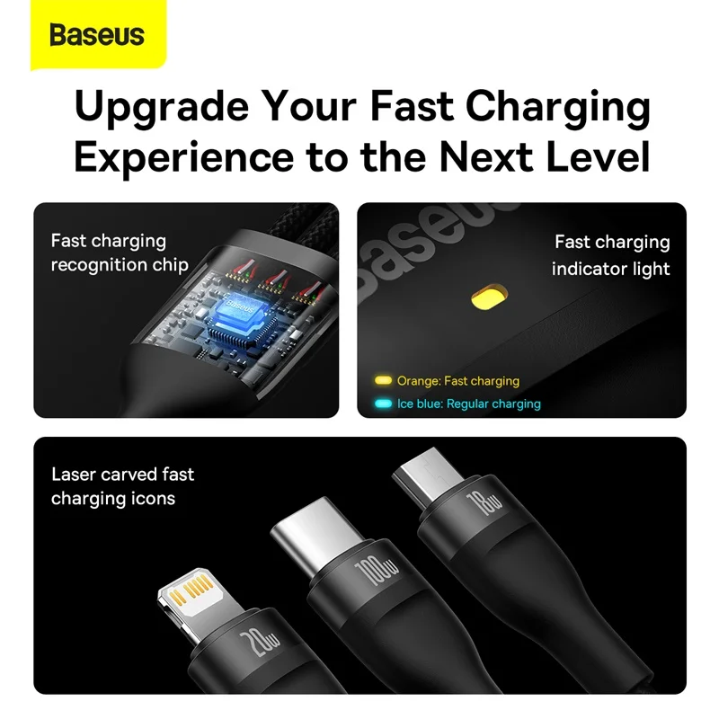 Baseus-3 인 1 USB c형 고속 충전 케이블, PD 100W, 아이폰 13 12 11 프로 맥북 샤오미용 마이크로 USB C 와이어 코드