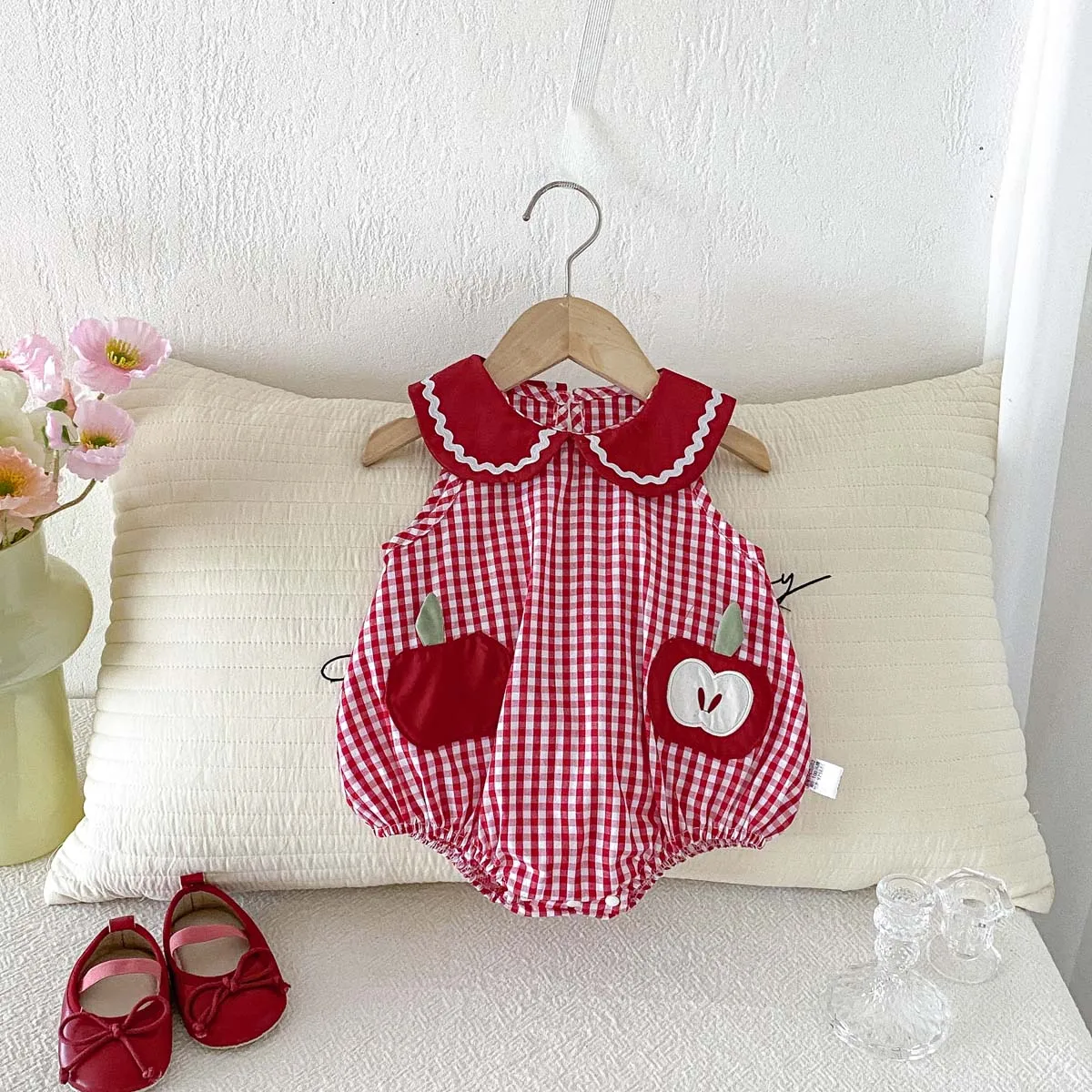 Baby Girl Sleeveless Floral Triangle Romper, Red Plaid Apple Patch Embroidered Doll Collar Summer Baby Romper 3