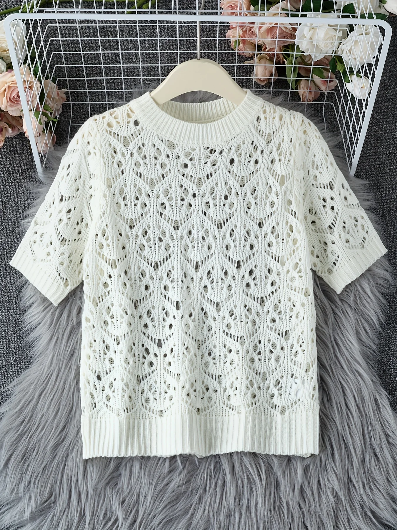 

Spring summer women's solid knit top round neck hollow out loose casual pullover