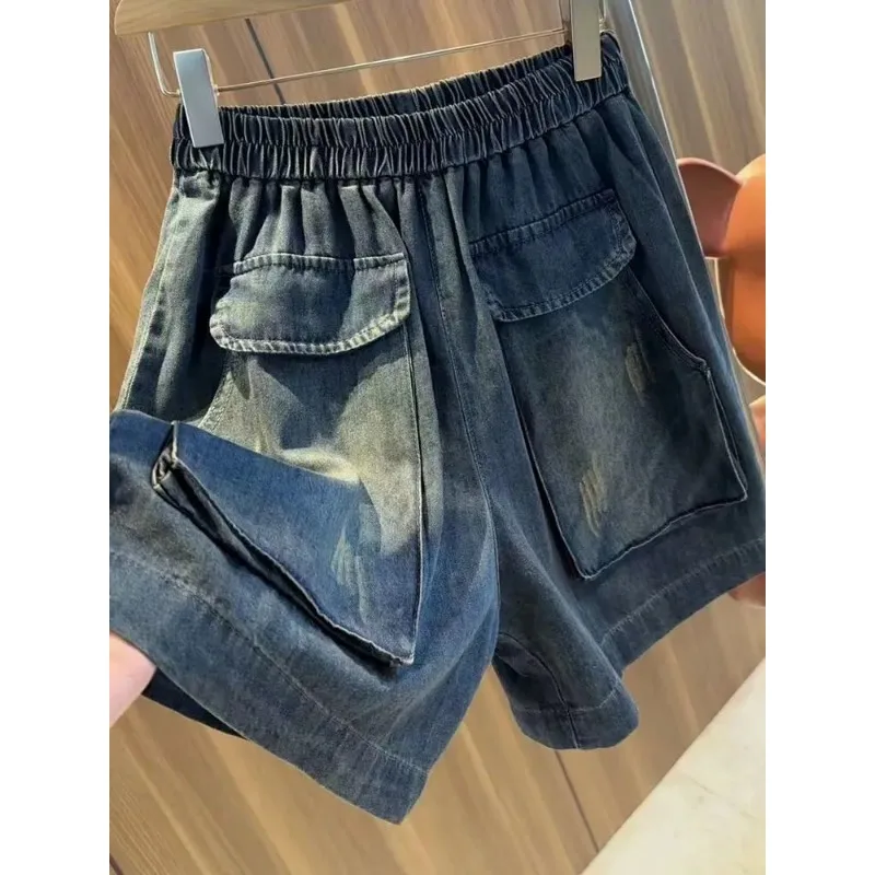 Women's Dark Wash Denim Shorts Elastic Waist Distressed Loose Fit Casual Daily Summer Shorts