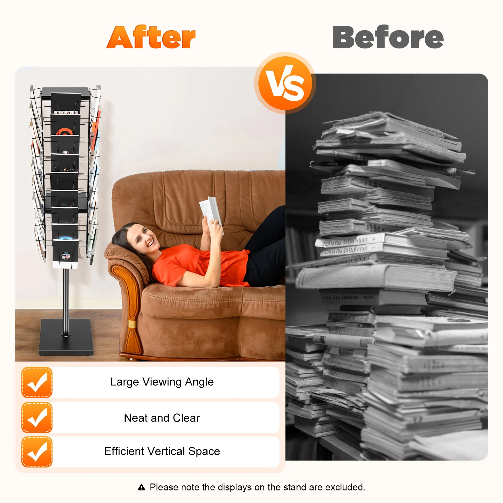 36-Pocket 360° Rotating Magazine Rack Display Stand Flyer Storage Tower Floor-standing Document Organizer