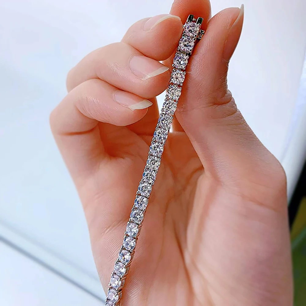 Luxury 100% 925เงินสเตอร์ลิง4มม.คาร์บอนสร้อยข้อมือเพชรผู้หญิง Charms Party เครื่องประดับวันเกิดของขวัญ16-18ซม.