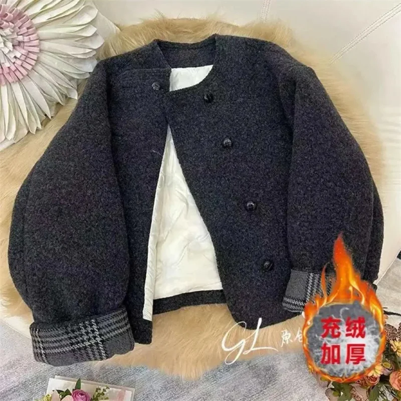 

New Fashion Autumn and Winter new Fragrant Tweed Dark Gray Plush Small Fragrant Coat Fashion Warm High-grade Double-Breasted