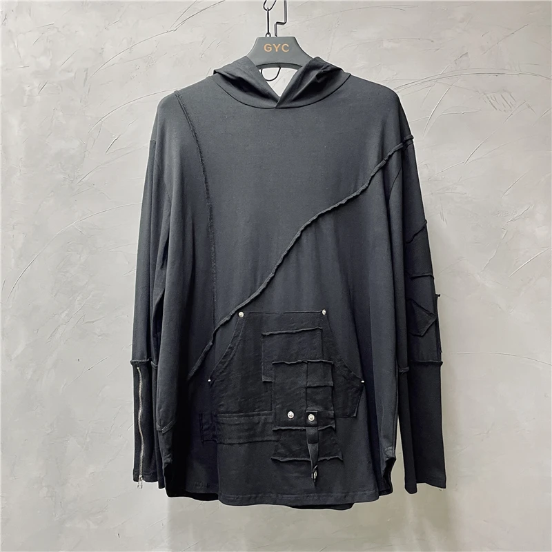 Dark Retro Personalized T-shirt Men's Washed Stitching Patchwork Loose Hooded Bottoming Shirt Fashion Trendy Designer Top