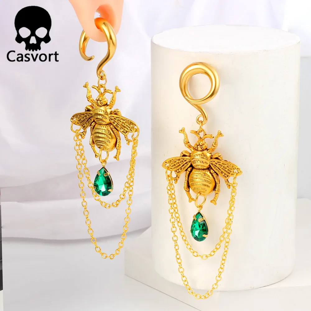 Casvort 2PCS Vintag Golden Bee Ear Weight Hangers Earrings Hook Dangle Stretcher Women Piercing Body Jewelry Expander