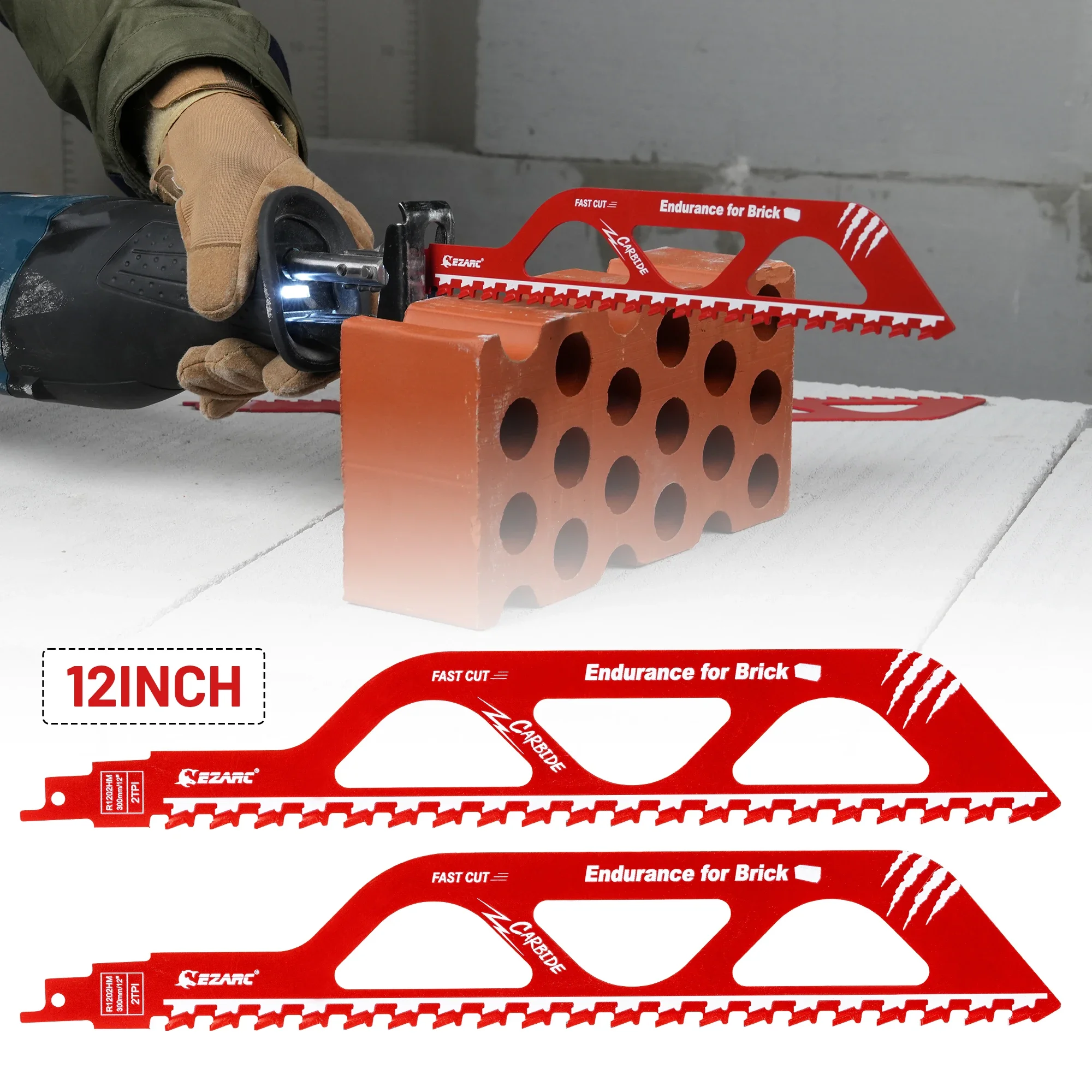 EZARC 2PC Carbide Reciprocating Saw Blade 12-Inch Demolition Masonry Tool for Aerated Concrete/Hollow Brick/Fiber Cement/Drywall