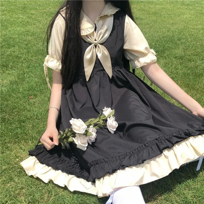 2025 新ロリータスタイル甘いロリータピーターパン襟弓プリンセススリーブドレス夏偽二枚スプライシングフリル妖精ドレス