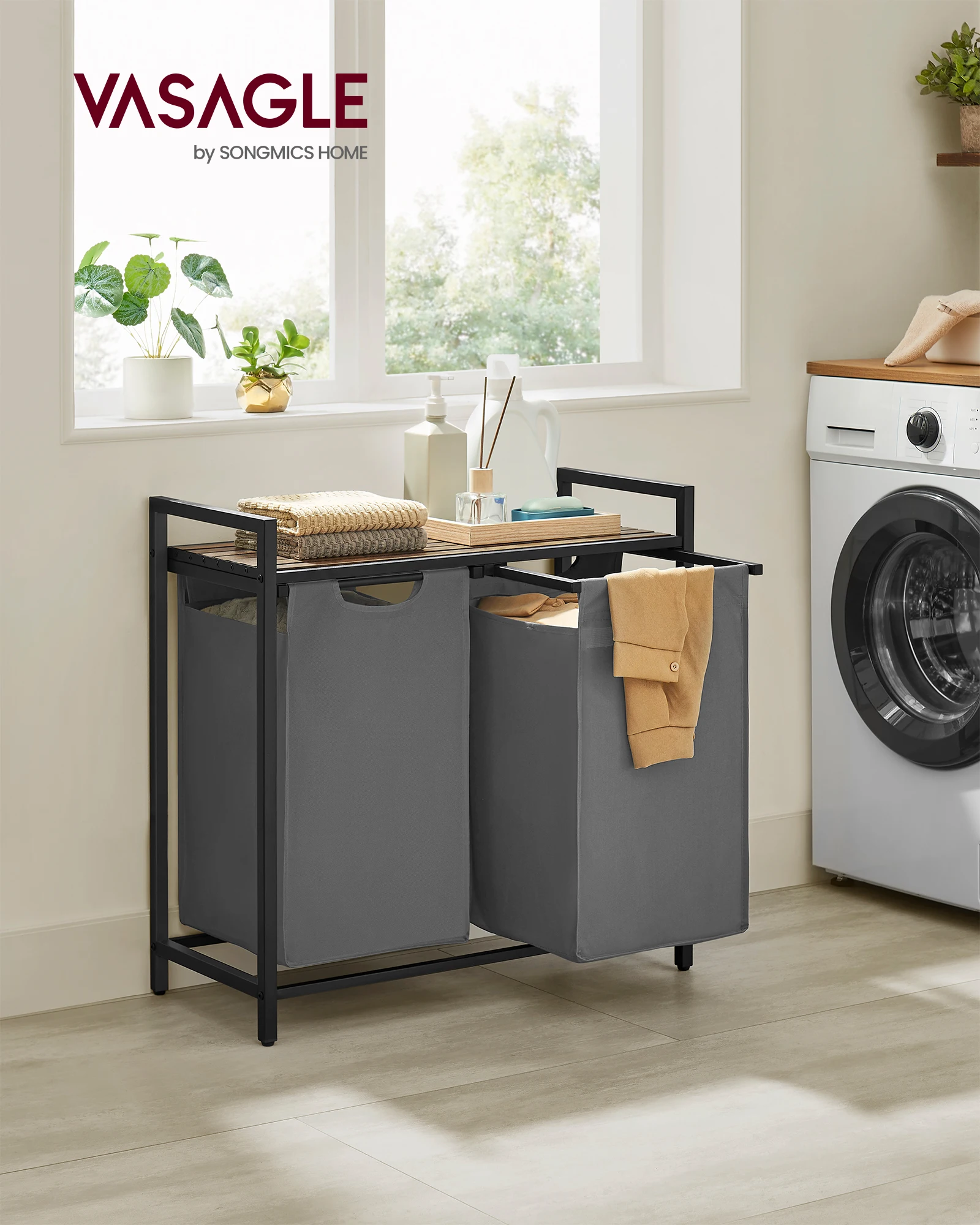 VASAGLE wasmand 2-handventilator Wasverzamelaar met opbergruimte, wasbox, waszak van Oxford-stof Uitschuifbaar afneembaar metalen frame