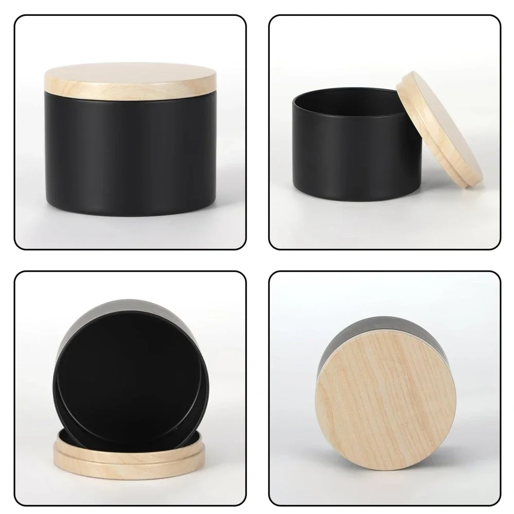 12PCS 4/8oz Black Can with Wood Grain Lids Reusable Refillable Jars Candle Making Tins Candle Containers Candy Storage Cans