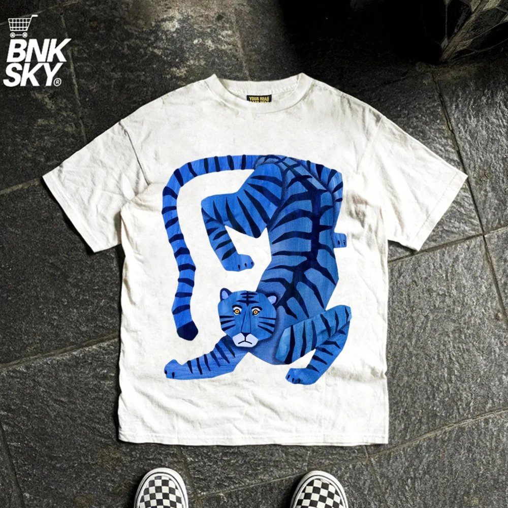Blue Tiger Illustration Abstract Art Street Style Short Sleeve T-Shirt American Old School Wang Studio Cotton Breathable roun...