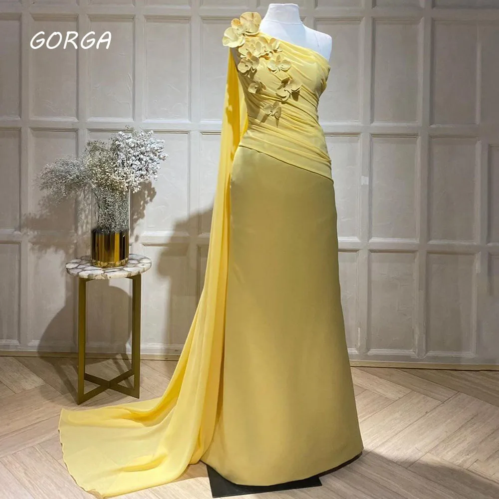 GORGA Yellow Appliques Satin Mermaid 2024 Slim One-Shoulder Appliques Long Sleeve Ocassion Gown Floor-Length Evening Dress