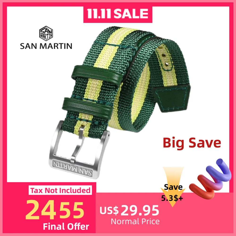

San Martin One Piece Watchband 20mm Leather Nylon Strap Pin Buckle One Piece Contrast Color Band Fashion ремешок Correa SN0116
