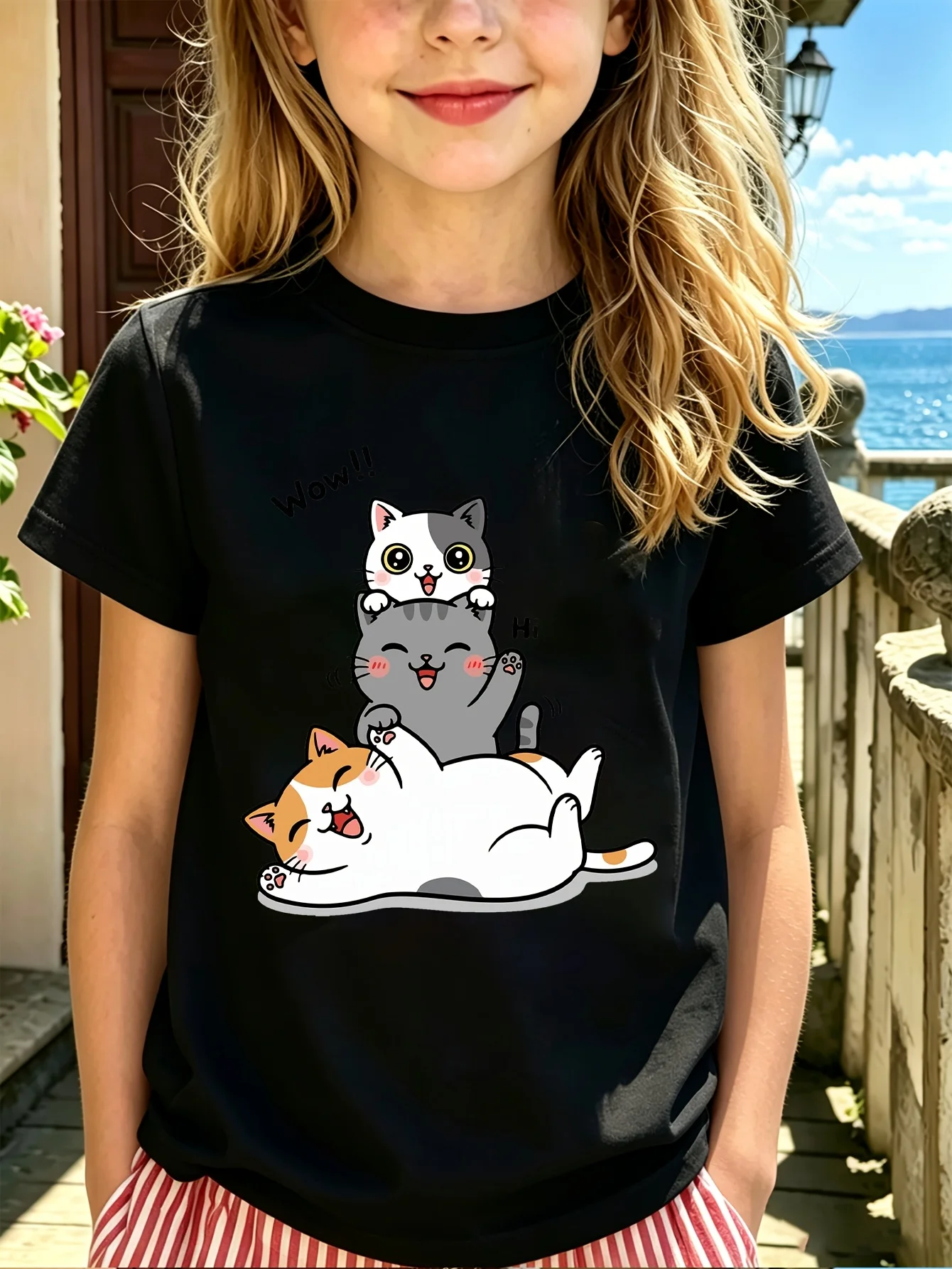 Stacked Cute Kittens Kids Tee Wow Hi Cartoon Cat Graphic Print Boys Girls Family Matching Cotton Short Sleeve Children Tshirt