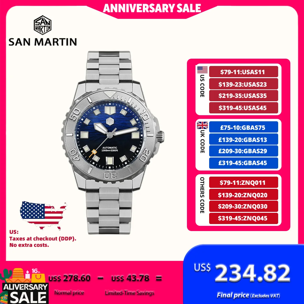

San Martin 43mm Original Enamel Gradient Black Blue Dial NH35 Men's Diving Watch 100ATM Helium Escape Valve BGW-X1 SN0147