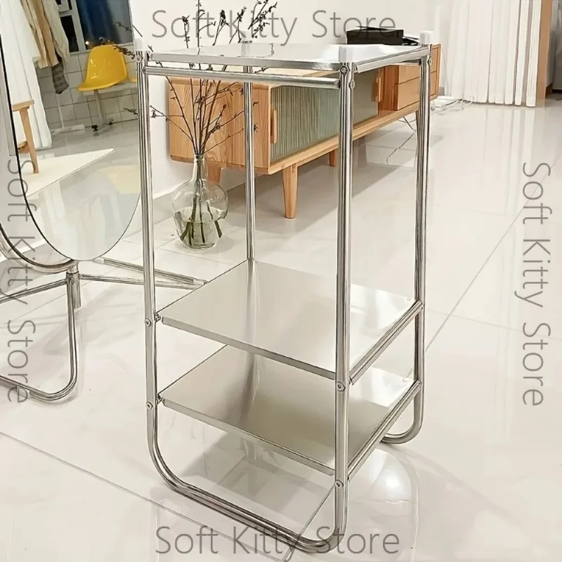 Three Layer Stainless Steel Multifunctional Storage Rack Bookshelf Organizer with Wheels Storage Rack Bedroom Bedside Table