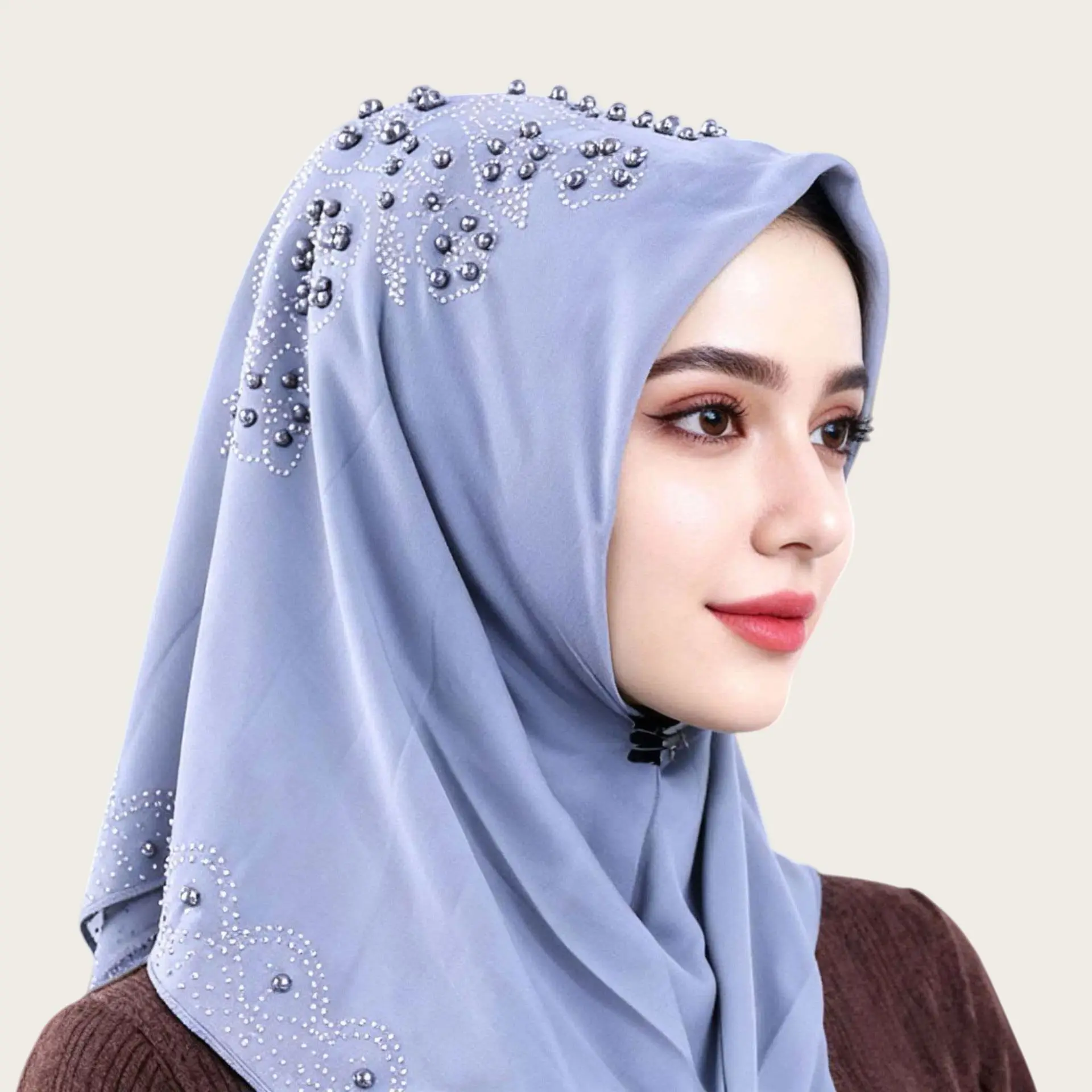 

Fashion Muslim Women's Hijabs Beading Africa Ethnic Headscarf Purple White Scarf Dubai Saudi Head Wear Hat Hijab 95X95CM B1