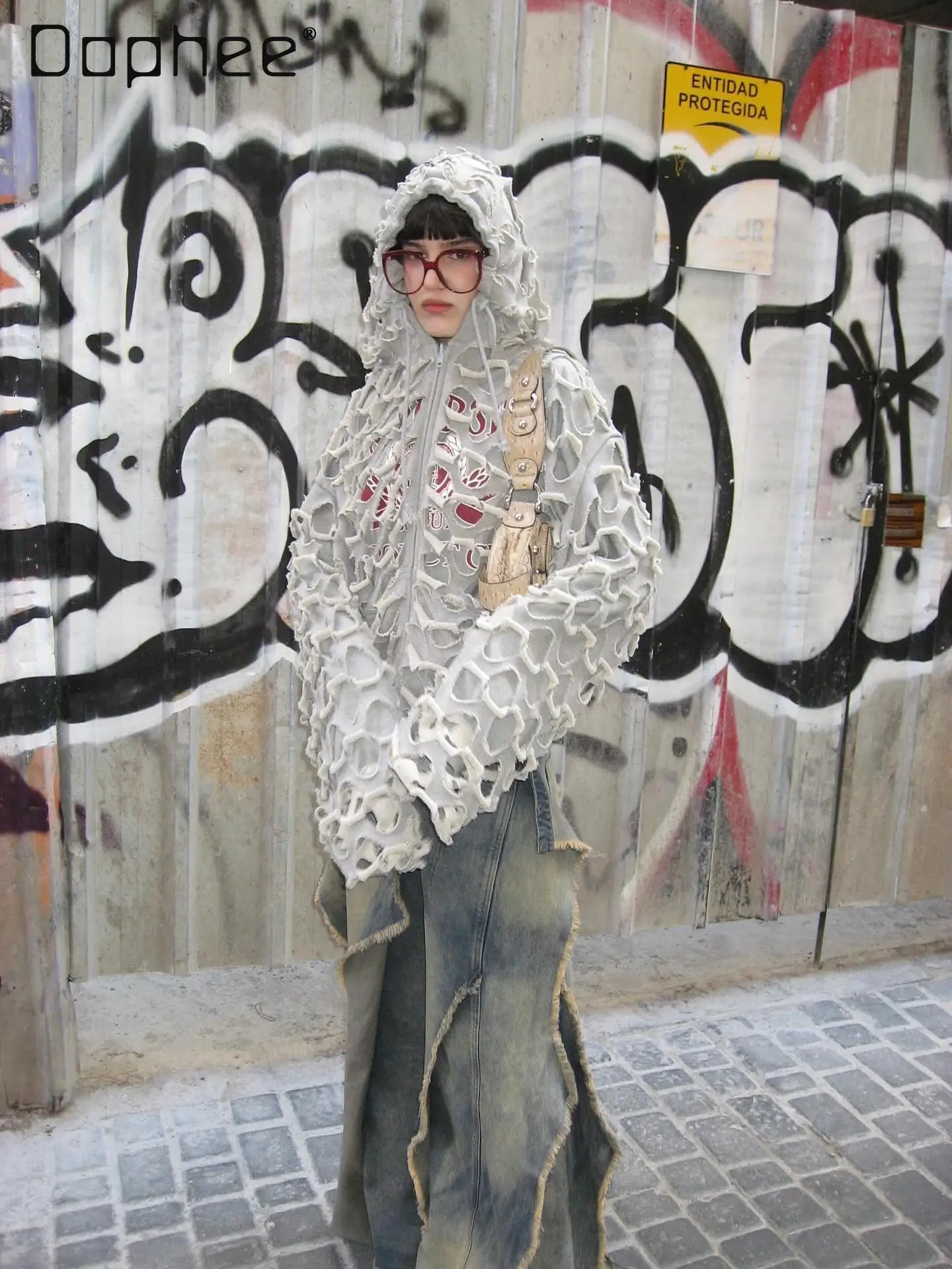 American Trend Heavy Industry Hollow Hole Double-sided Hoodies Women High Street Punk Style Casual Coat Oversized Zip Up Hoodie