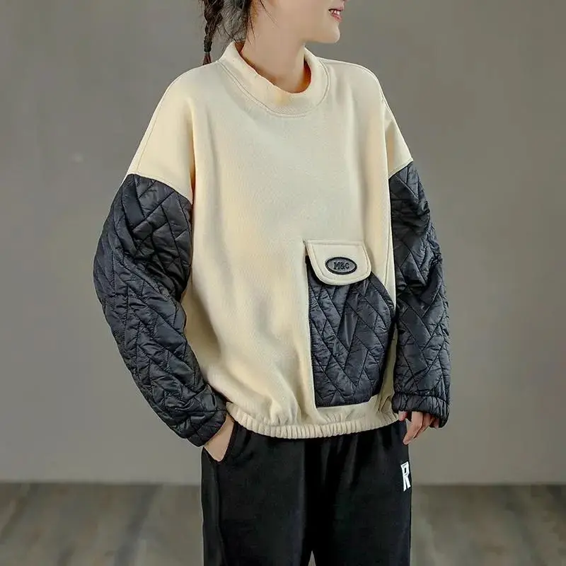 

Winter Korean Loose Pullover Spliced Pullover Plus Velvet Thickened Warm Sweatshirt for Women New Fogn Style