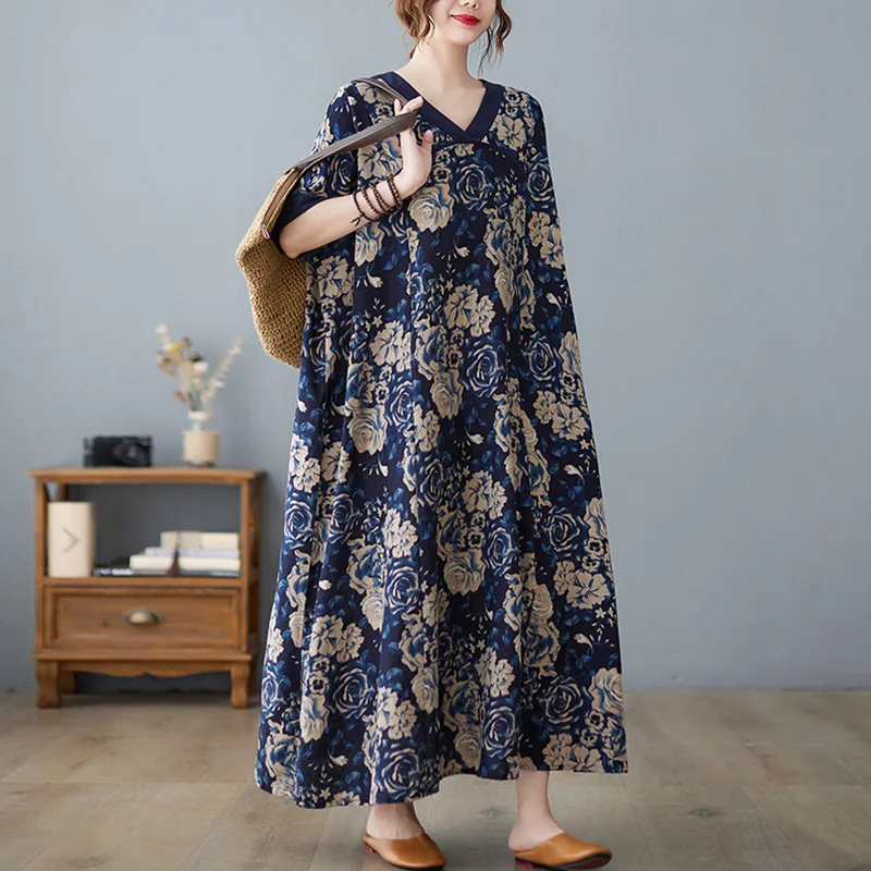 Chinese Vintage Style V-neck Flower Print Cotton Linen Dress for Women Summer New Fashion Short Sleeve Elegant Frocks Female