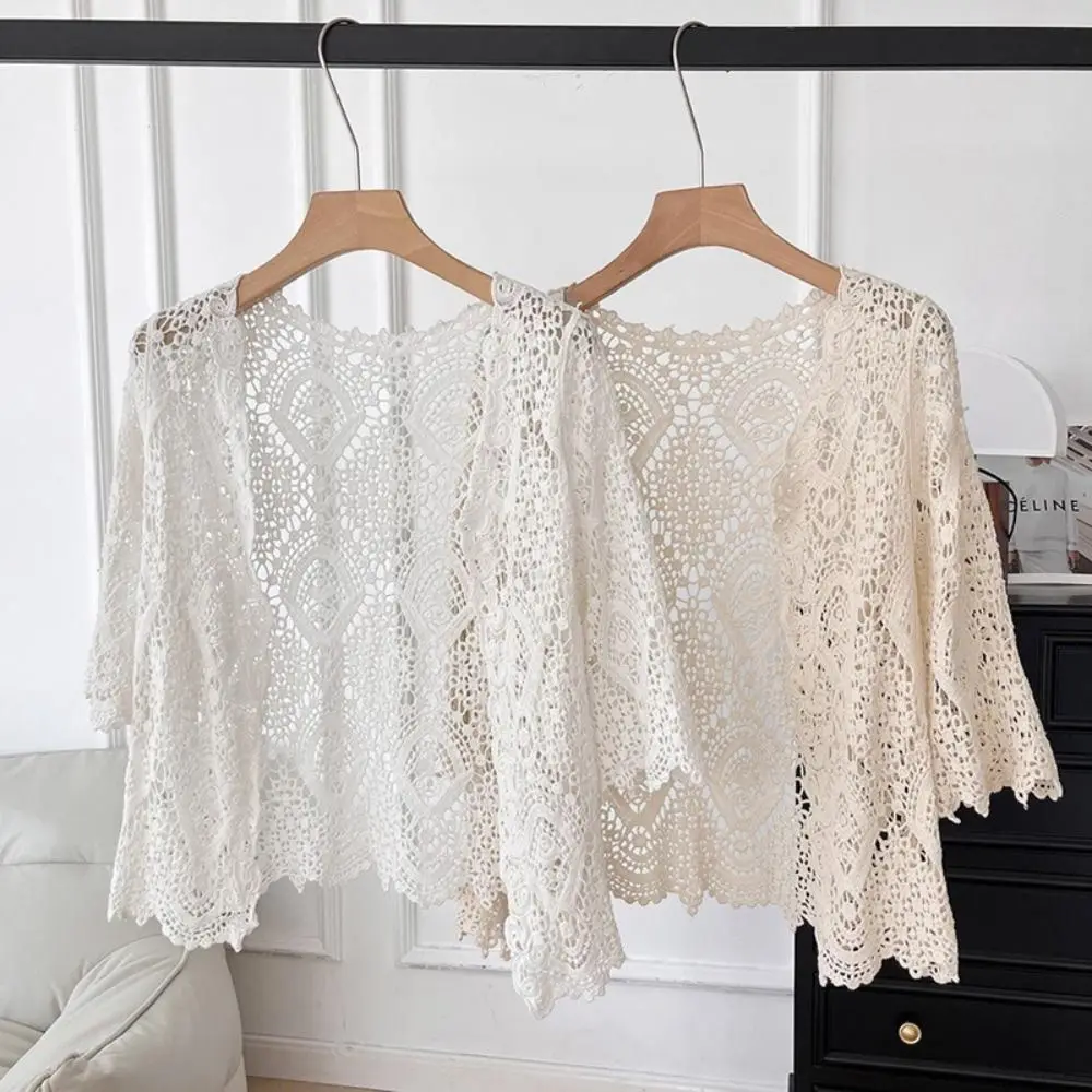 Fashion 3/4 Sleeves Knitted Shrug Hollow Boho Style Crochet Cardigan Open Front Cardigan Women