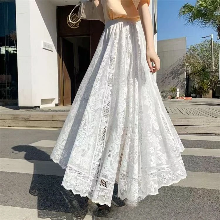 

Женская осенняя юбка трапециевидной формы с кружевной отделкой, сексуальная ажурная юбка-миди с разрезом, элегантная струящаяся универсальная юбка с высокой талией