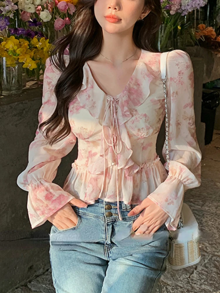 Chiffon Print Elegant Vintage Blouse Women Flare Sleeve Fairy Sweet Blouse Female Ruffles France Style Causal Tops Summer 2023