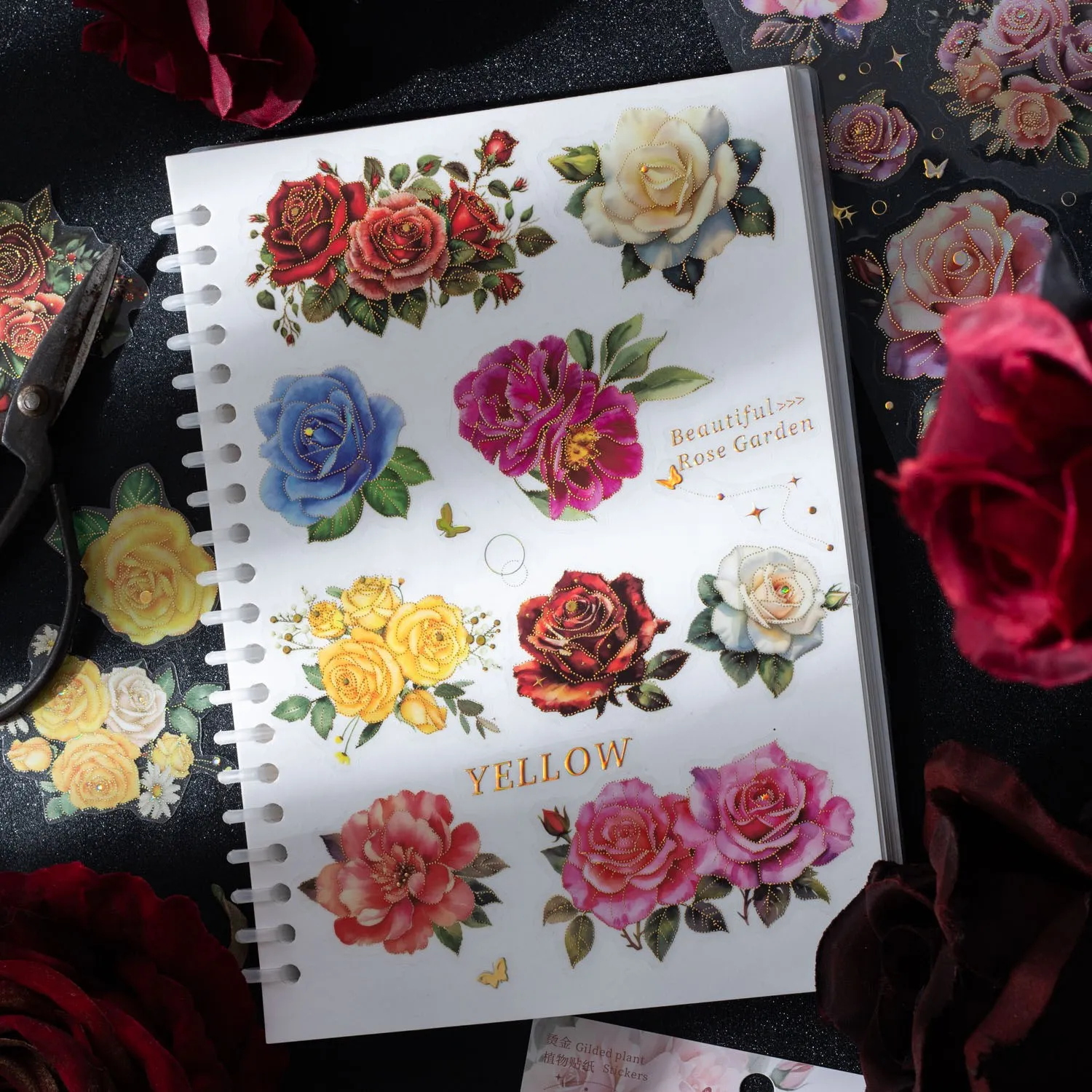 2 Pcs Colorful Flowers Stickers Vintage Cut-Out Clear Flowers Red Yellow Purple Roses Stickers For Scrapbooking Decoration