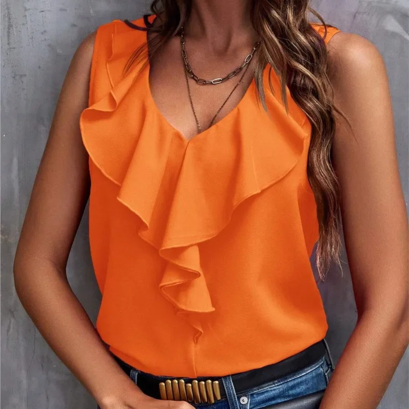 Elegant Rose Red Pullover Top 2024 Summer Fashion Versatile New Solid Color Lace V-neck Sleeveless Women\'s Orange Shirt Tops